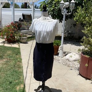 Blue/white polka dots Pencil skirt with white sheer top